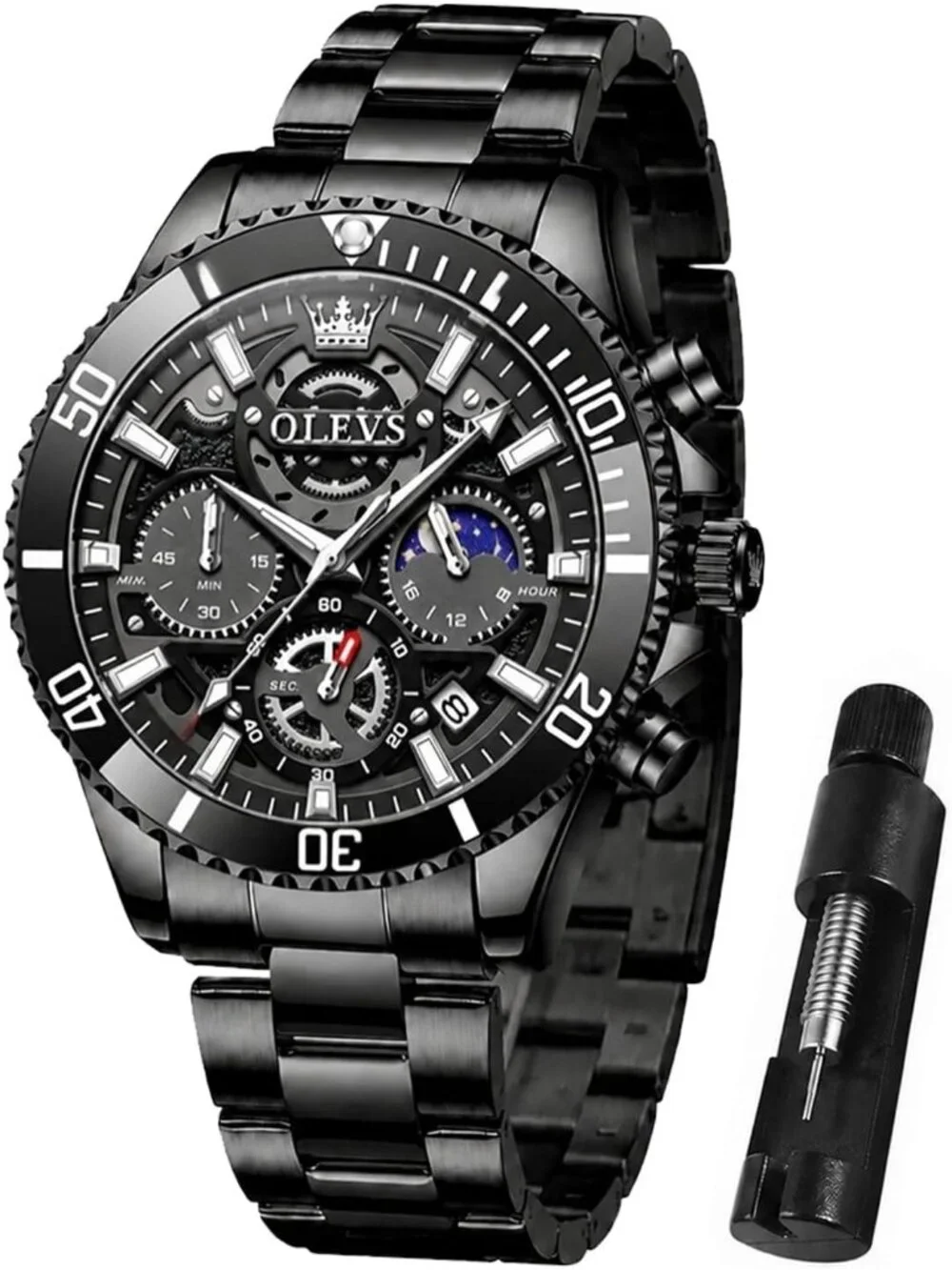Men's All Black Stainless Steel Waterproof Business Date Dress Wrist Watches